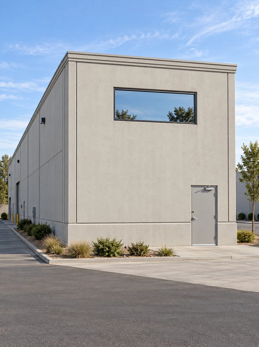 Planning illustration of a complete single-story tilt-up warehouse in a three-quarter view with clear glass in the wide high fixed lite in its dark frame and a solid service door with a top-mounted closer below.