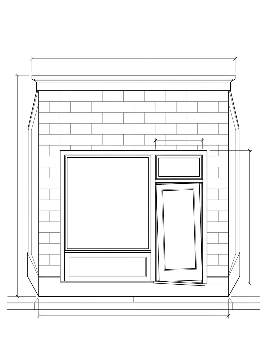 Planning schematic of a complete historic storefront building with a tilted entry door binding on a dropped sill, flagged for review, with dimension callouts.