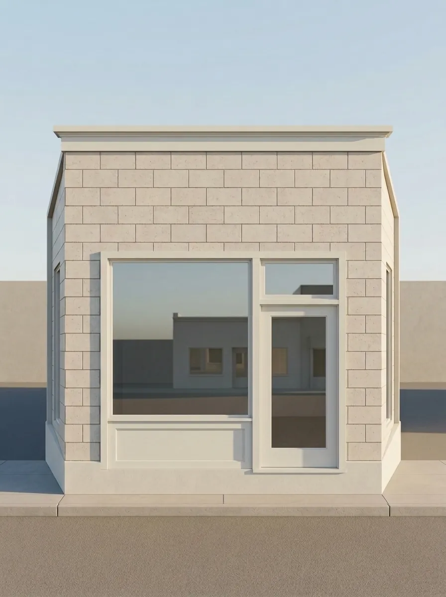 Planning illustration of the same complete older single-story historic storefront building with the painted wood opening sound and level, clean clear glass in the fixed display lite and the glazed entry door hanging square on an even sill.